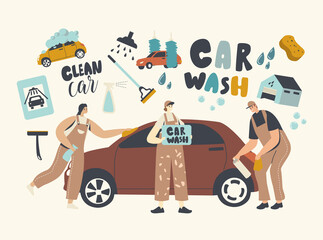 Car Wash Service Concept. Workers Characters Wearing Uniform Lathering Automobile with Sponge and Pouring with Water