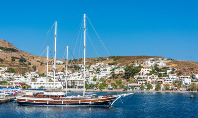 Skala Village view from sea in Patmos Island. Patmos Island is populer tourist destination in Greece.