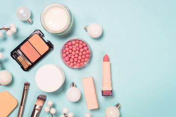 Fototapeta premium Natural cosmetics for winter make up. Idea for christmas sale, presents for winter holidays. Top view image with copy space.