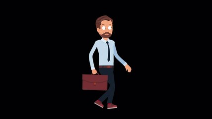 Flat Cartoon Cute Man Character Walking Cycle with Briefcase Isolated Loop 2d Animation, Chroma Key. Business man, office worker, with tie walking with briefcase on a Green Screen.