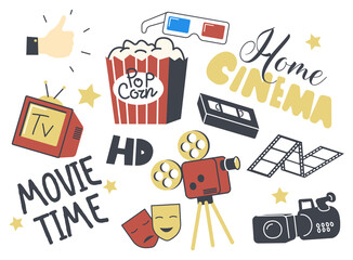 Obraz premium Set of Icons Home Cinema Theme. Retro Camera, Television, Pop Corn and 3d Glasses, Sad Happy Mask, Film Reel and Stars