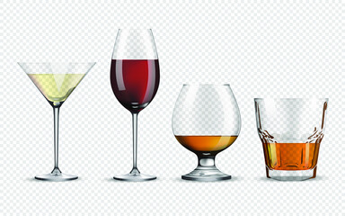 Set of glasses for spirits isolated on a transparent background. Wine glasses whiskey rum and cocktails. Vector illustration.