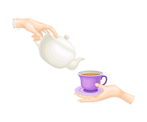 Human Hand Holding Porcelain Teapot and Pouring Coffee in Cup Vector Illustration