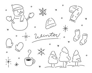 クリスマスツリーとプレゼントの手描きイラストのセット かわいい 雪の結晶 冬 12月 Wall Mural Yugoro