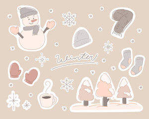 冬の手描きイラストセット／かわいい／雪／結晶／雪だるま／マフラー／手袋／靴下