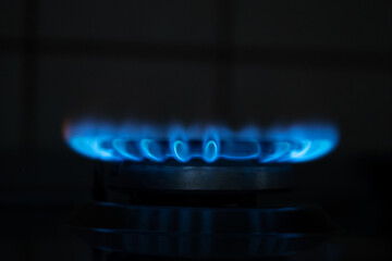 Blue flame gas in the dark. Burning gas, gas stove burner, hob in the kitchen