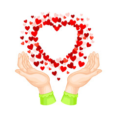 Human Hands and Explosion of Red Hearts as Love and Affection Sign Vector Illustration