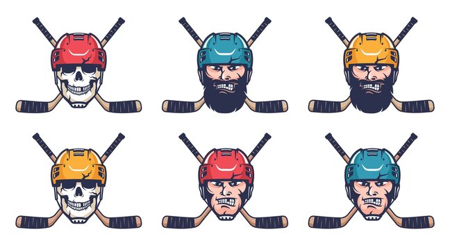 Hockey retro logo. Hockey player head in helmet and crossed sticks. Vector retro illustration.