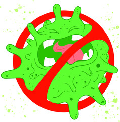 Stop virus hand drawn concept. Coronavirus stop sign. Green COVID character in prohibition red circle. Covid-19 sign isolated
