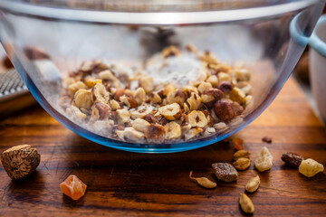 Nuts and dark chocolate, ingredients for the traditional Panforte di Siena.
