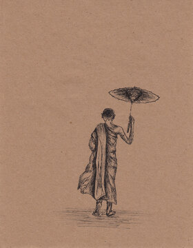 Hand drawn ink pen illustration with young Buddhist monk with umbrella. Vintage style sketch drawing on paper. Original artwork. Use for interior decoration, card, South East Asian travel poster.