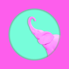 Contemporary collage. Pink elephant on a turquoise background. Art concept, abstraction.