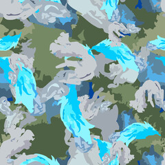 Winter camouflage of various shades of blue, green and grey colors