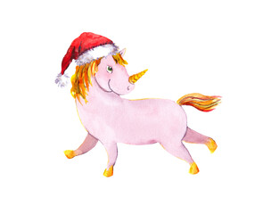Pink unicorn in red hat. Watercolor for Christmas