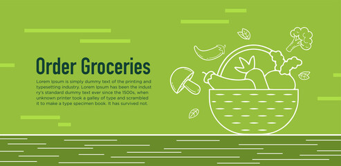 Order Organic Grocery web banner design for Online store, Market, shopping, Home delivery concept. line vector illustration.
