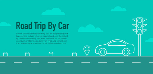 Road Trip by Car. Travel web banner with traffic signal, clouds, milestone elements line vector illustration.