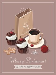 Merry Christmas and New Year greeting card. Cupcakes with cherry and cup of coffee. 