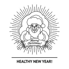 Isolated Christmas Line Art Character of Santa Claus in a Medical Mask with a Beard, Hat and New Year Costume with Ribbon and Rays for Tattoo, Wrapping Paper, Background, Gifts to Covid-19 period