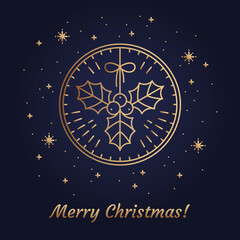 Vector Golden illustration of Christmas Mistletoe Icon and Emblem concept. Flat vector Sign, Outline illustration Isolated on Gradient Background from Magic navy blue to black and Gold Snowflakes