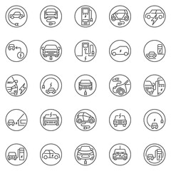 Electric Car or EV outline round icons set. Vector Electric Vehicle concept symbols