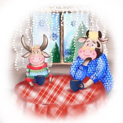  The bull and the cow drinking tea. Symbol of the year 2021. animal characters 