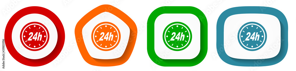 Poster 24h vector icon set, flat design vector illustration in 4 colors options for webdesign and mobile applications
