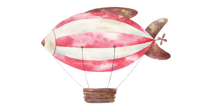 striped red airship with wooden basket, child transport, watercolor illustration on white background