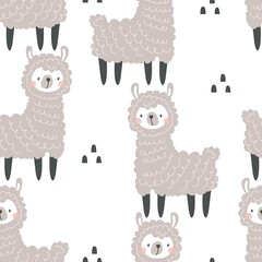 Seamless pattern with cute animal llama on white background. Vector illustration in a modern cartoon style, for printing on packaging paper, postcard, poster, banner, clothing. 
