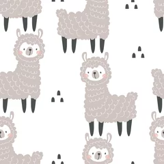 Behang Naadloze patroon met schattige dieren Lama op witte achtergrond. Vectorillustratie in een moderne cartoon-stijl, voor het afdrukken op verpakkingspapier, ansichtkaart, poster, banner, kleding. © Дмитрий Бондаренко