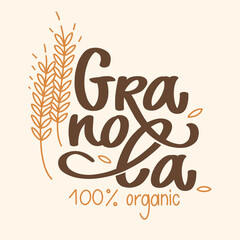 Granola organic logo vector. Lettering composition and stylized spikelets with grains. Handwritten calligraphy typography isolated on light background
