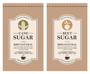 cane and beet sugar labels for paper package isolated on white background