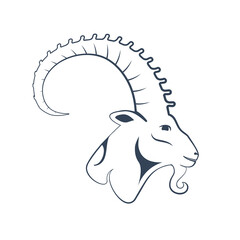 Black zodiac sign Capricorn depicting a goat head with huge horn. Side view. Illustration of an astrology sign. Vector flat design icon of a Mountain goat