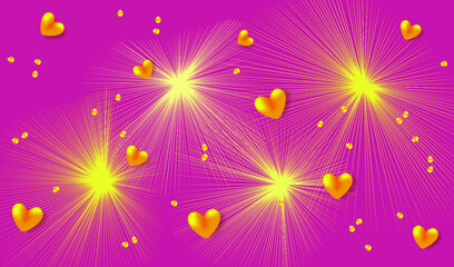 Fototapeta na wymiar Holiday vector illustration. Pink background with golden hearts, flashes and confetti. Design for Valentine's day, Wedding, Mother's Day