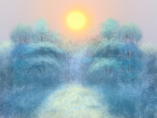 Illustration of a winter watercolor landscape with a snow-covered forest at sunset.