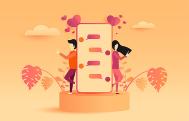 Young men and women communicate love with smartphone technology