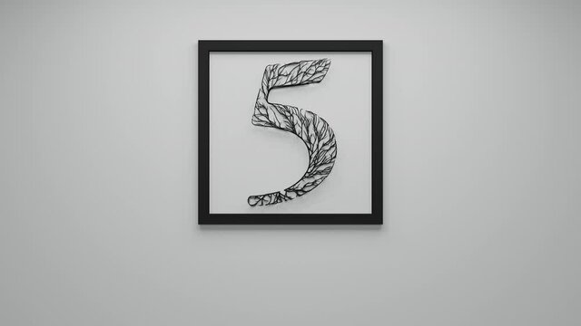 The number five overgrowing with black branches and roots with black frame on a white background. Video 3D animation of numbers. Minimalistic motion background.