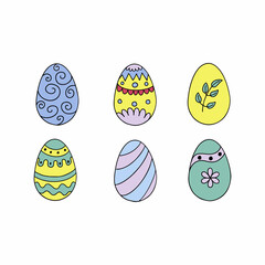 Set of colorful Easter eggs with ornaments. Egg with a Doodle pattern.