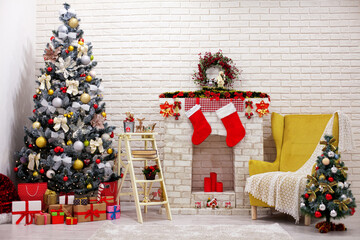 Classic Interior room decorated in Christmas style with Christmas tree and gift boxes