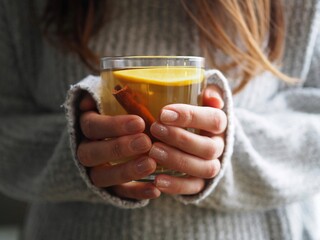 A woman`s hands in a sweater hold a cup of tea with orange and cinnamon by the window. Hot winter flavored drink. Green branches of the Christmas tree