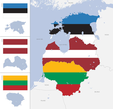 Detailed map and flags of the Baltic States with silhouettes and borders of Estonia, Latvia, Lithuania, vector illustration