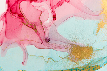 Blue and pink abstract drops with gold particles. Transparent watercolor stains texture.