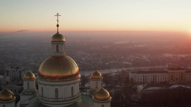 Penza city in Russia, winter landscape from a height. Dawn in Penza. Winter landscape, Penza city. Church in Russia.