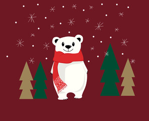 Composition of a happy bear with a red scarf standing in forest while it's snowing