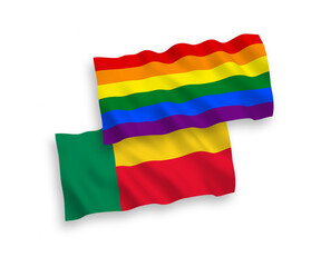 Flags of Rainbow gay pride and Benin on a white background