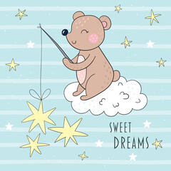vector card with cute teddy bear. vector print. Baby Shower invite design. Cartoon flat vector illustration - 398035197