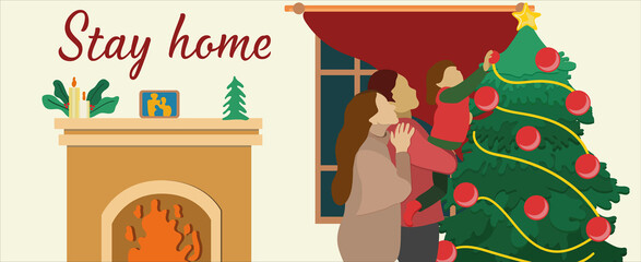 Big Happy Family Decorate Christmas Tree Together Prepare for Winter Holidays  People Celebrating New Year at Home. Cartoon Flat Vector Illustration. Stay home for the new year.