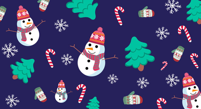 Christmas themed pattern with snowman, pine trees, snowflakes, gloves and candy canes