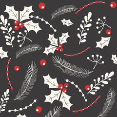 Christmas themed pattern with holly berries, twigs and feathers