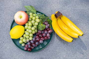 top view artificial fruits in the outdoor horizontal composition