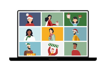 People wishing Merry Christmas and Happy New Year, celebrating holiday and giving gifts via video call or web conference in 2021. Flat vector illustration for web, banner, poster